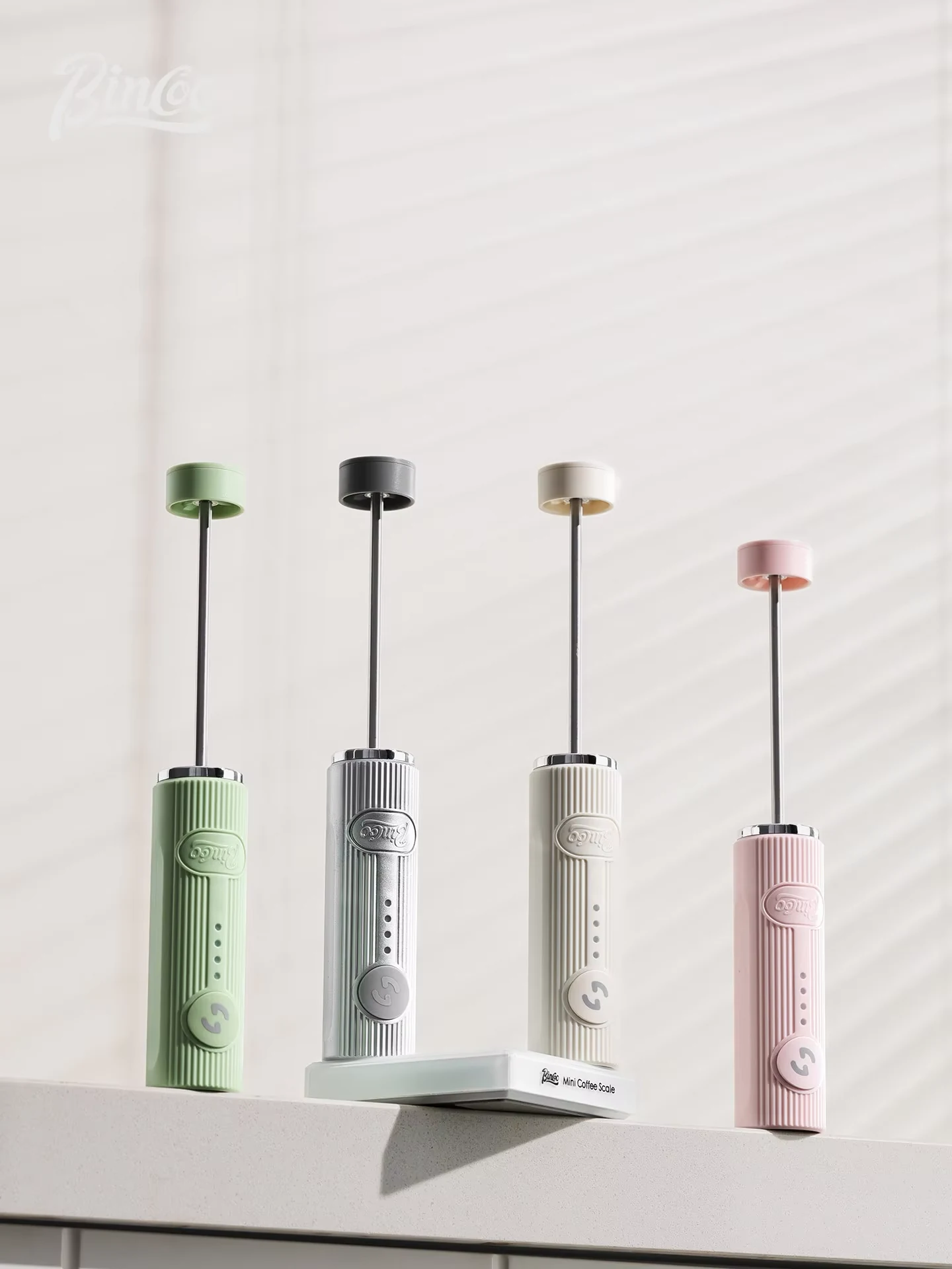 Seller photo of Bincoo handheld milk frothers in several color options