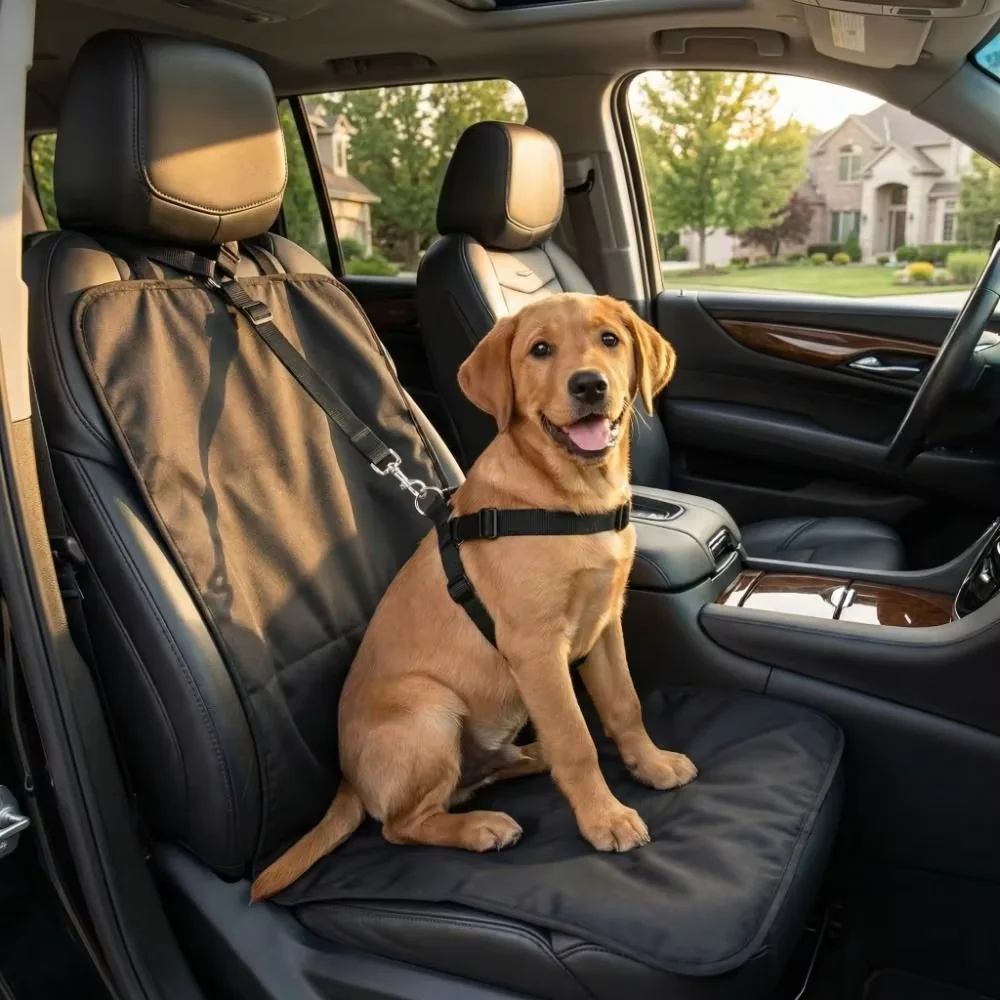 Dog sitting on a dark seat protector covering a vehicle seat