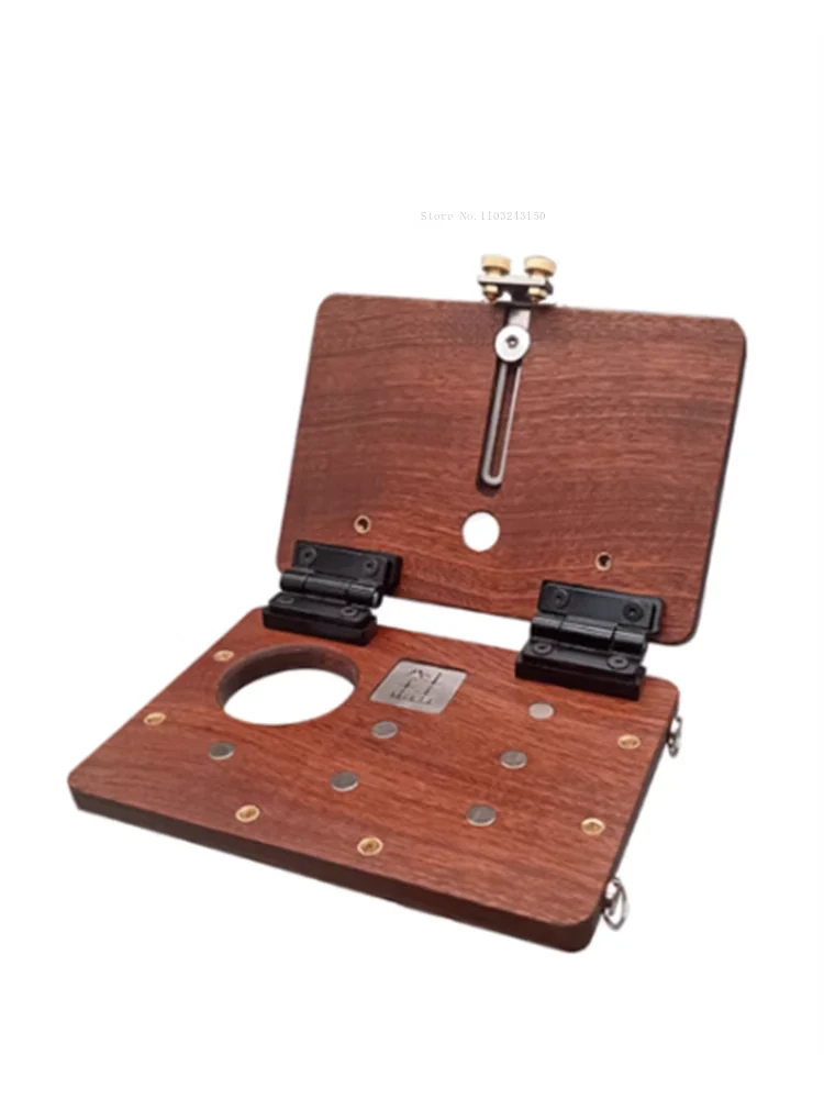 Fold-open wooden platform with hinged upright panel, circular cutout and metal hardware