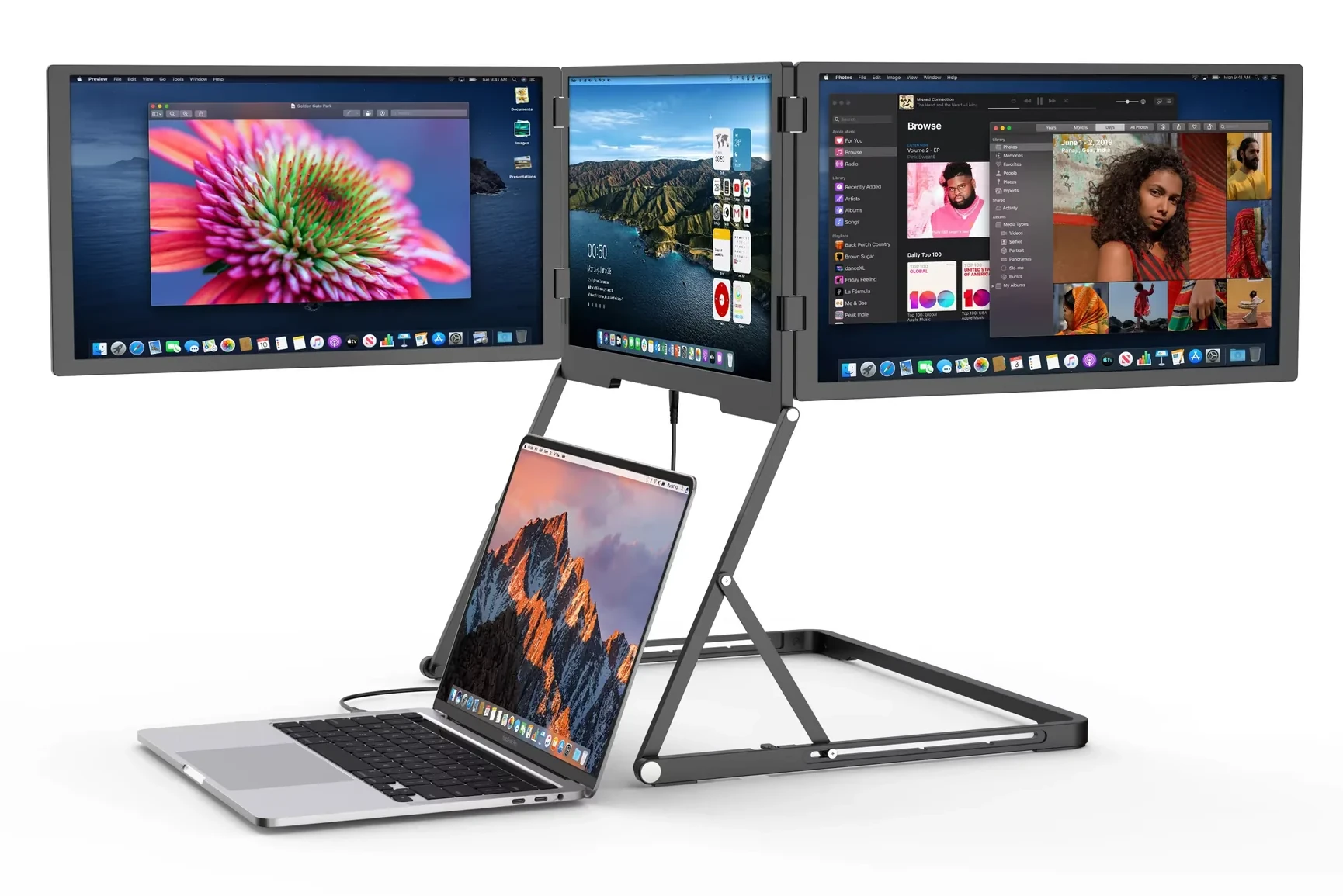 TriCreate portable triple-screen monitor setup for a laptop