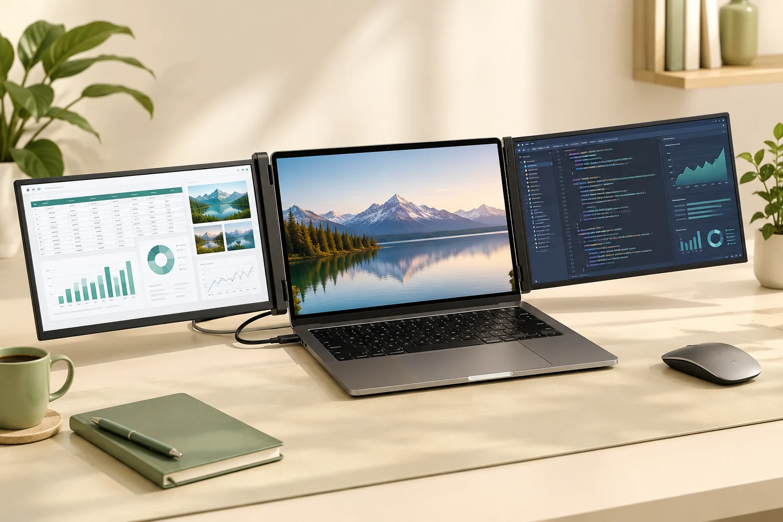 Illustrative multi-screen laptop workspace; check the seller listing for actual product photos